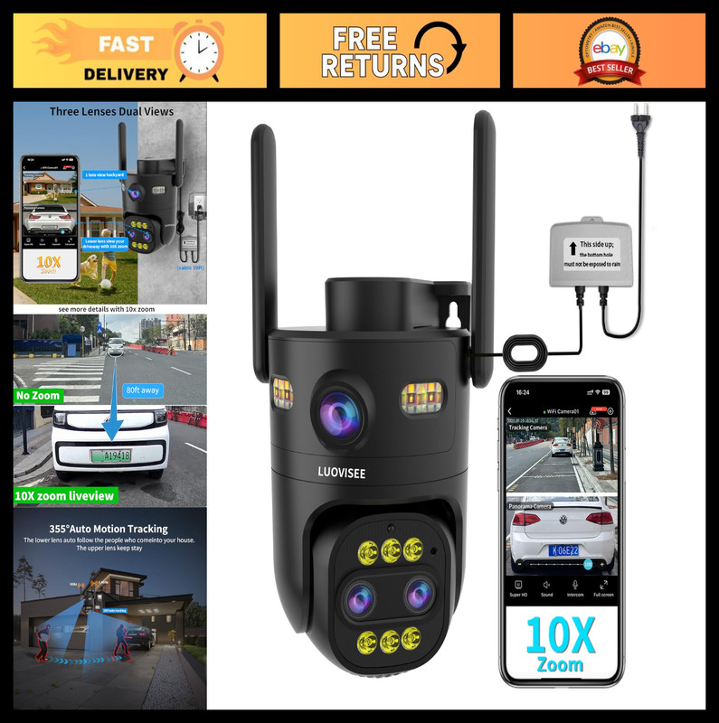 Triple-Lens Outdoor Security Camera, 10X Zoom, WiFi, 24/7 Recording, Motion Trac