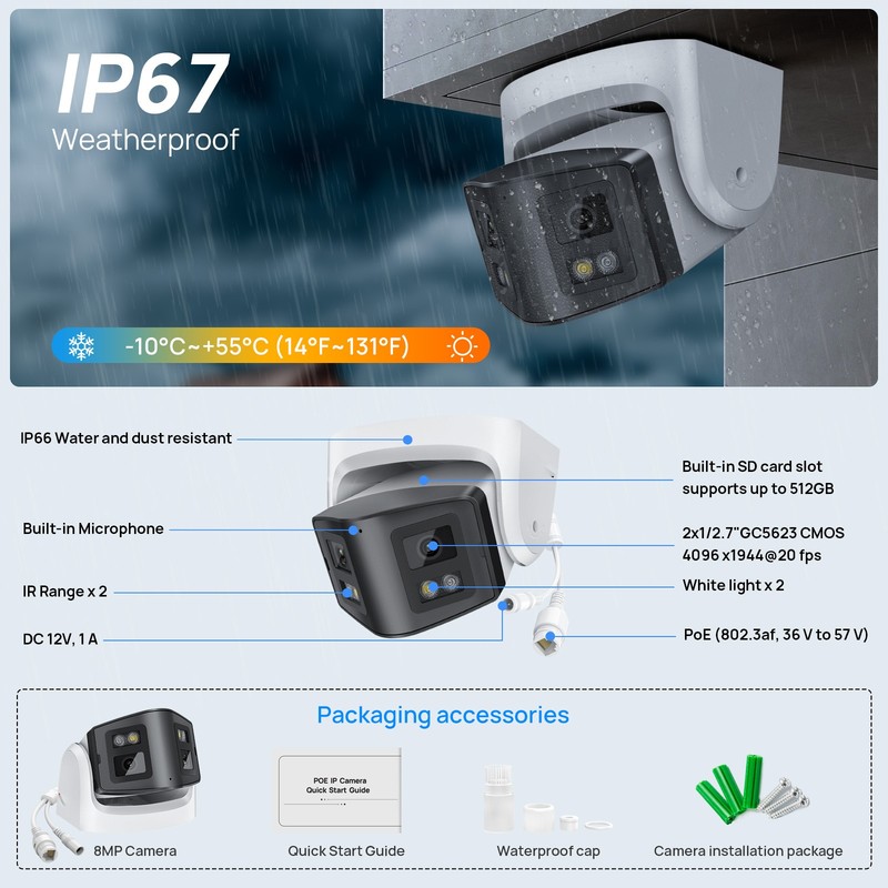 VIKYLIN Dual Light Color+IR 180°VIEW POE 4MP/8MP 4K IP CAMERA MIC&Speaker CCTV gallery