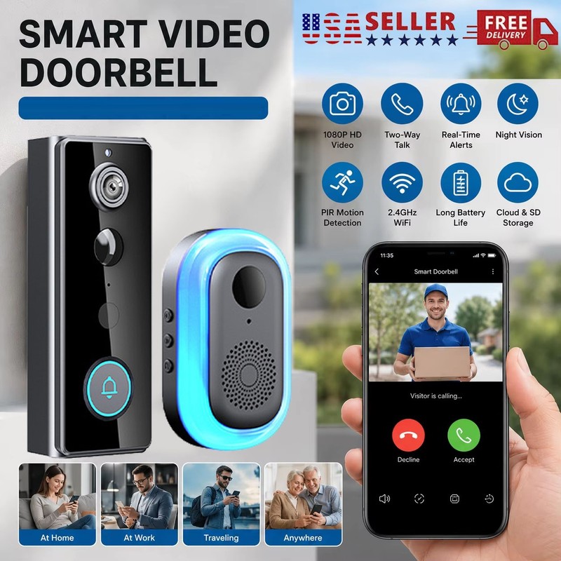 Wireless Video Doorbell Camera WiFi Home Security Two-way Doorbell Tuya Control