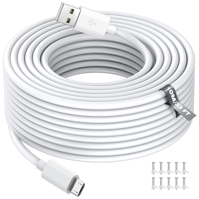 10m/33FT Micro USB Power Extension Cable Compatible with Wyze Cam V3, White