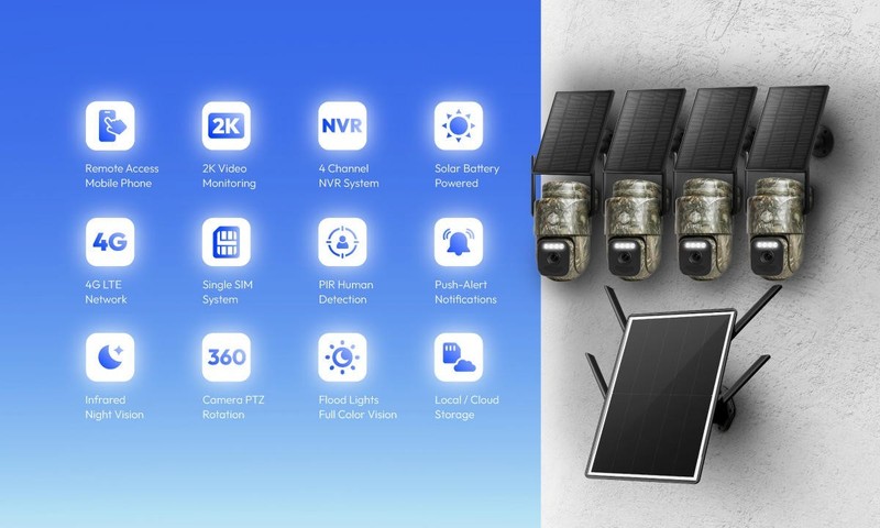 4G Solar Surveillance System 2K PTZ Cameras NVR Hub Single SIM 4-Cam View 256GB gallery