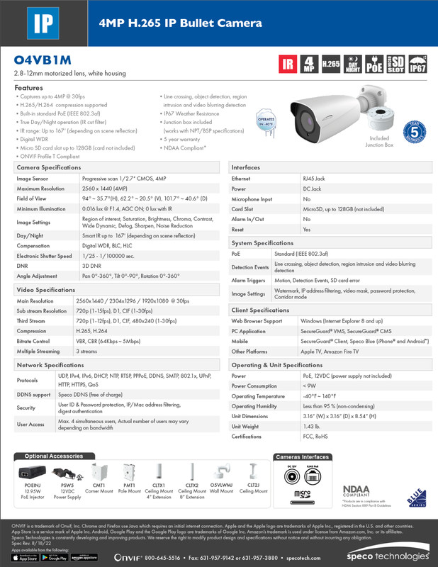 5x Speco O4VB1M 4MP IP Bullet Camera Motorized Varifocal 2.8-12mm Lens PoE H.265 gallery