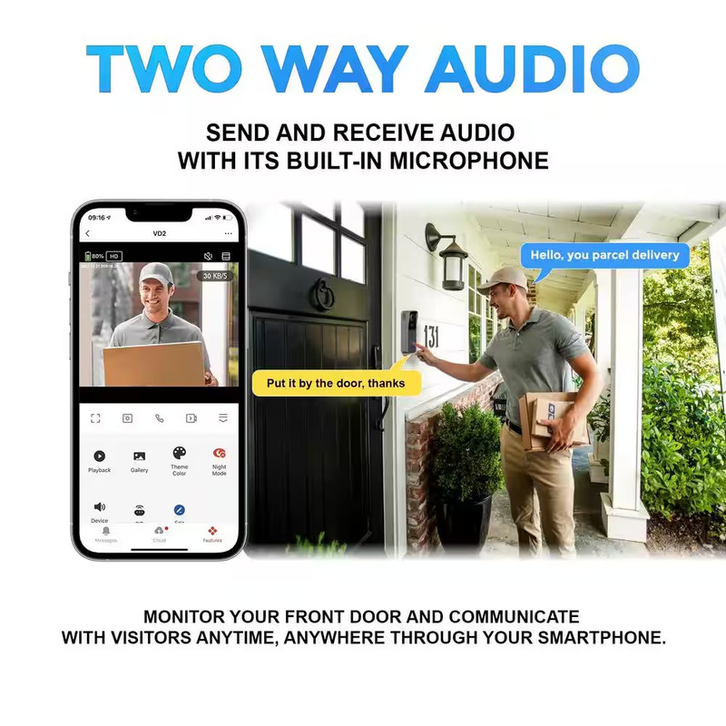 VD2 Smart Wi-Fi 2K Wireless Video Doorbell with 2-Way Audio gallery