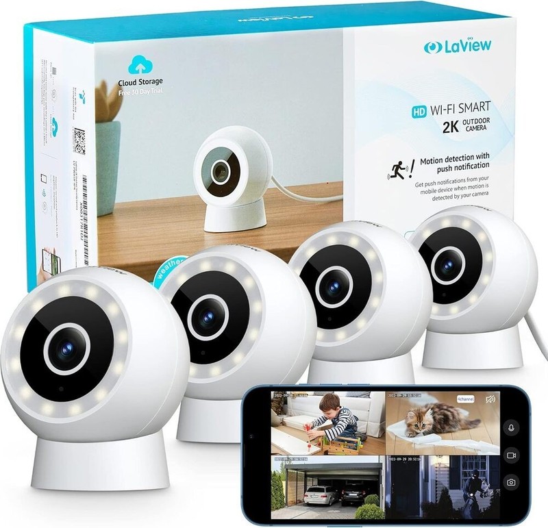 Set of 4 LaView Indoor/Outdoor 2K HD Smart Security Video Cameras w/ 2 Way Audio