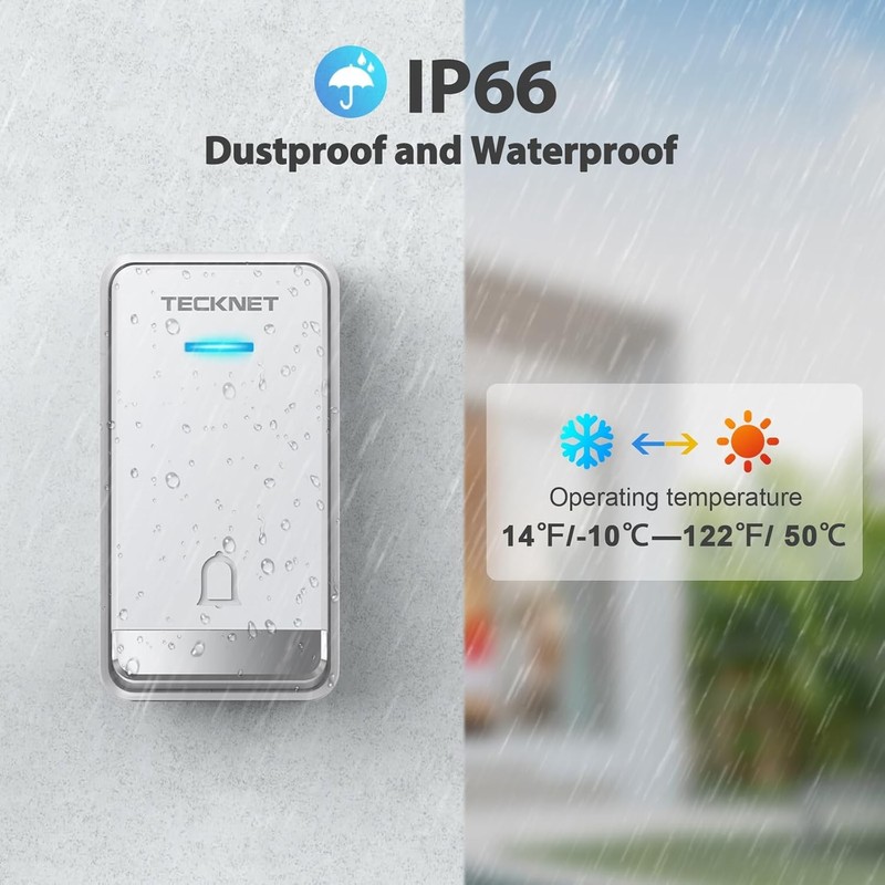 TECKNET Wireless Doorbell, Self-Powered 2 Receivers + 1 Button, White gallery