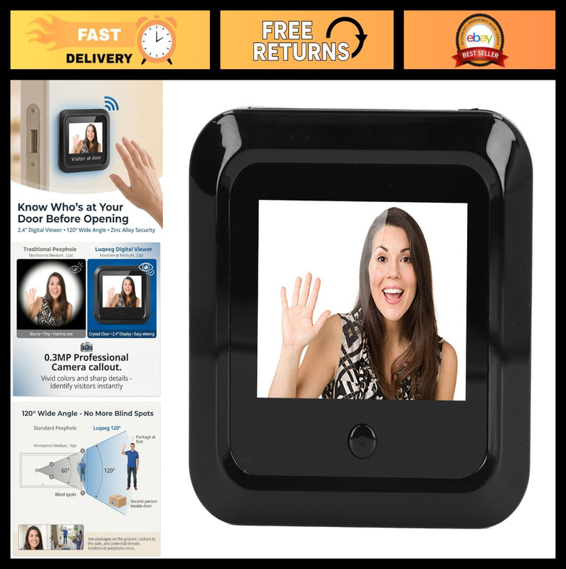 Digital Door Viewer 2.4″ LCD Screen, 0.3MP Camera, 120° Wide Angle, Dual Power,