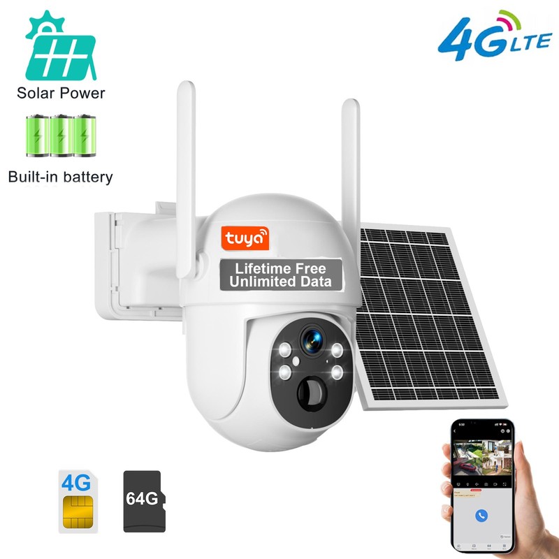 4G LTE Cellular Solar Wireless Security Camera Lifetime Free Unlimited Data +64G