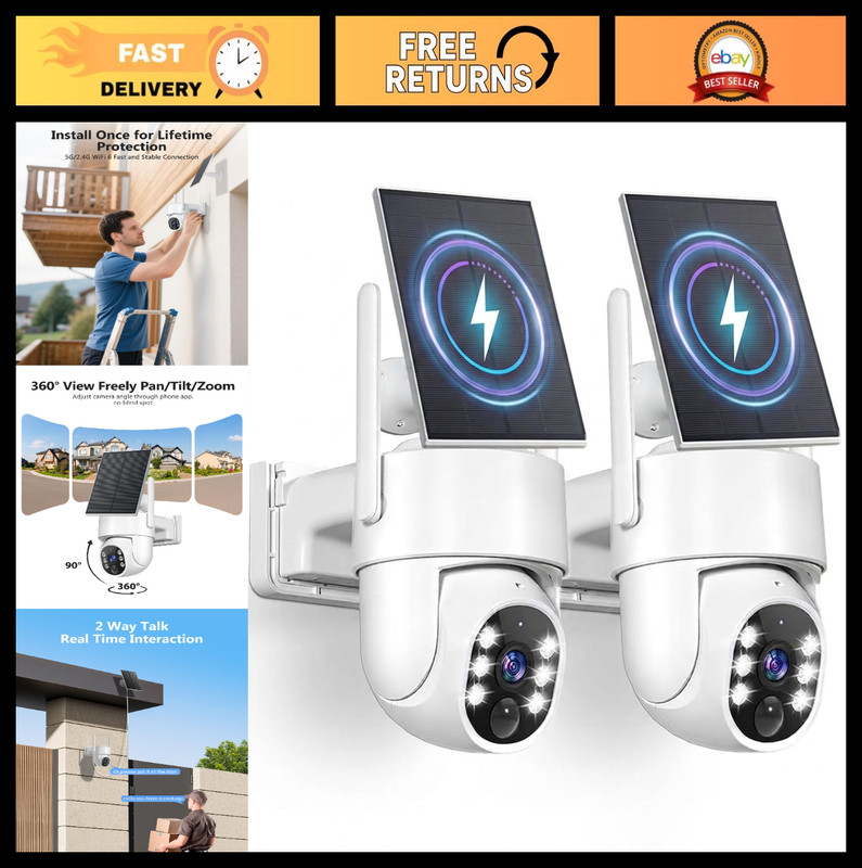 2 Pack 5G Wireless Solar Security Cameras Outdoor, 2K Color Night Vision, PTZ, 2