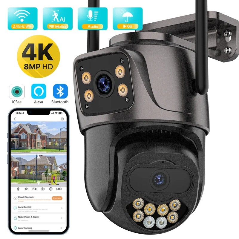 Outdoor Wireless Security Camera 4K 8MP Dual Lens Wifi PTZ Auto Tracking Camera