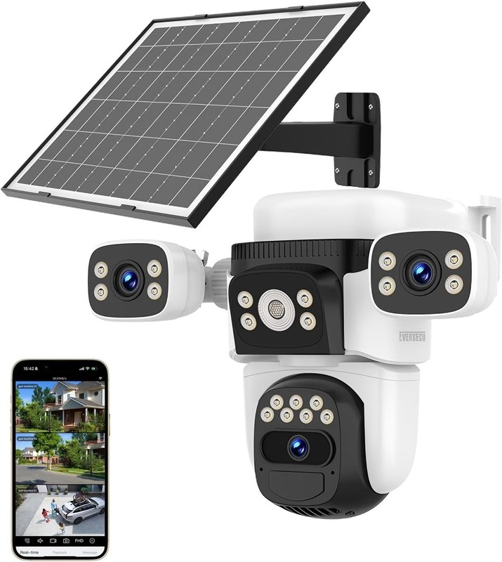 Solar Wireless Triple Lens WiFi PTZ Security Camera, Three Cameras in One, Si... gallery