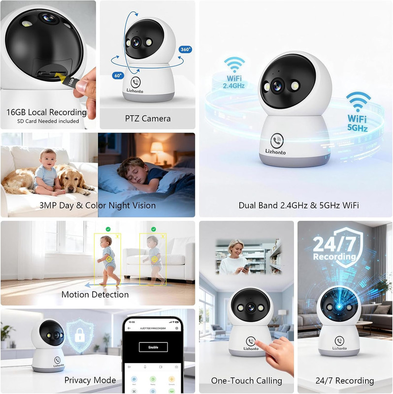 3MP Wifi Indoor Pet Security Camera | 360° Pan Tilt, 16GB Local Storage, Plug-In gallery