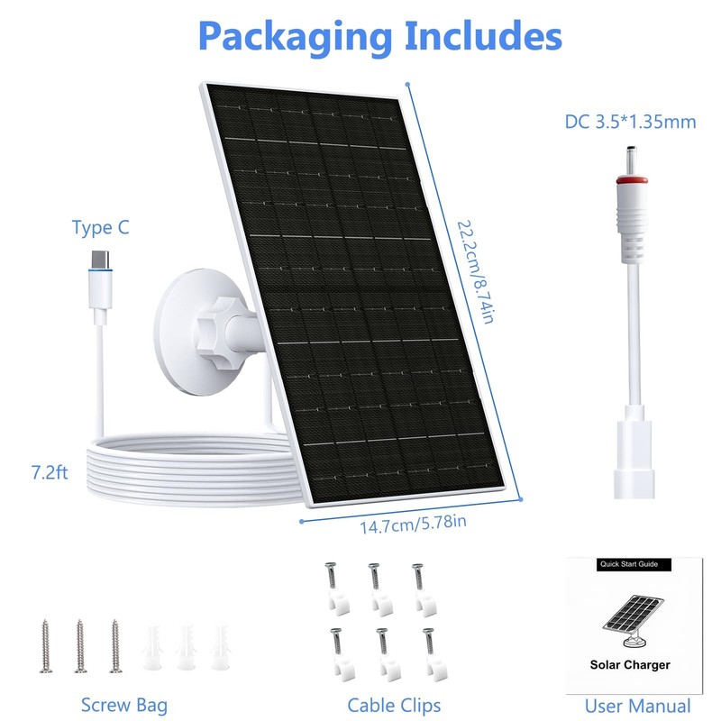 7W Solar Panel for Security Cameras, USB-C Adapter, 7.2FT Cable, IP65 Waterproof gallery