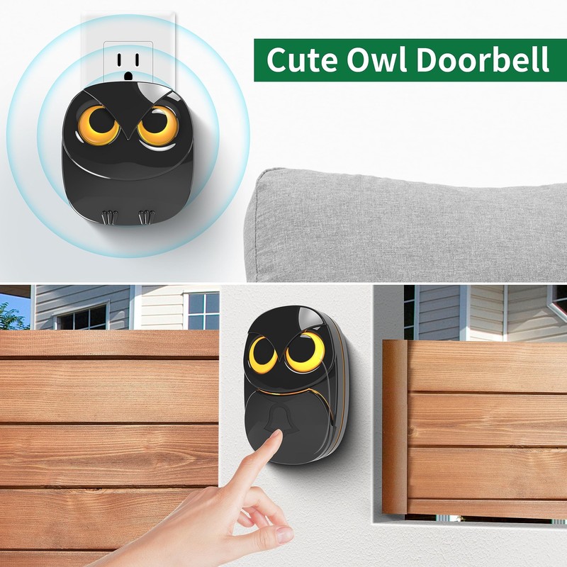 Wireless Doorbell, Cute Owl Doorbell 1 Receiver + 1 Transmitter - Black gallery