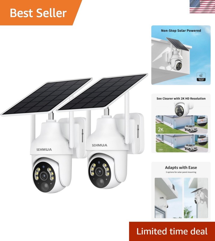 2K Solar Security Cameras Wireless Outdoor, 2 Pack 360° View Pan/Tilt WiFi Se…