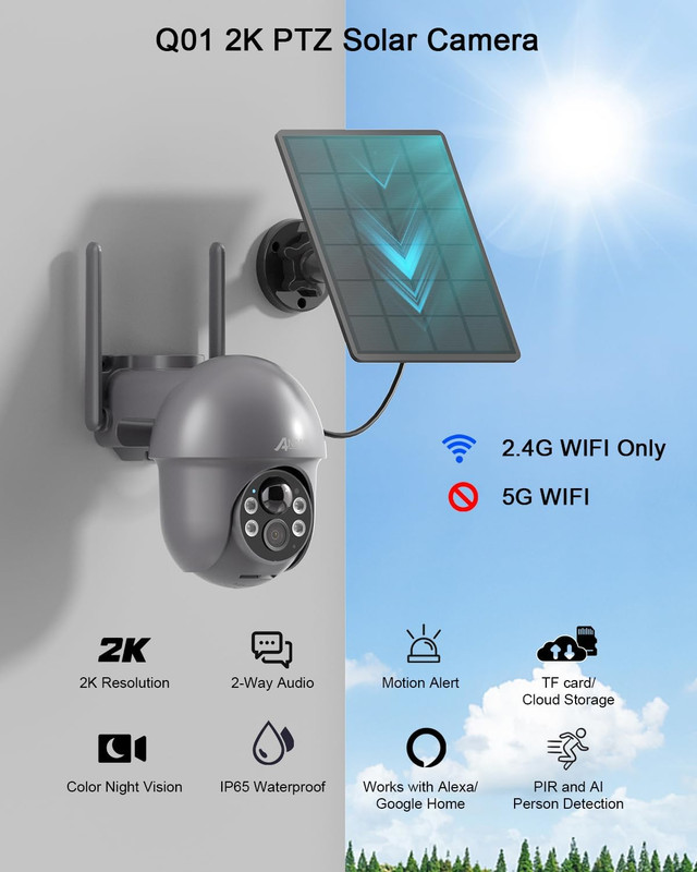 3MP Security Camera Wireless Outdoor, 2K Solar Outdoor Camera with 360° View, Sm gallery