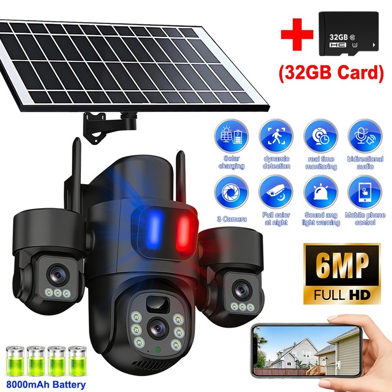 3 Lens Camara De Seguridad Solar Inalambricas Para Exterior Con Vision Nocturna