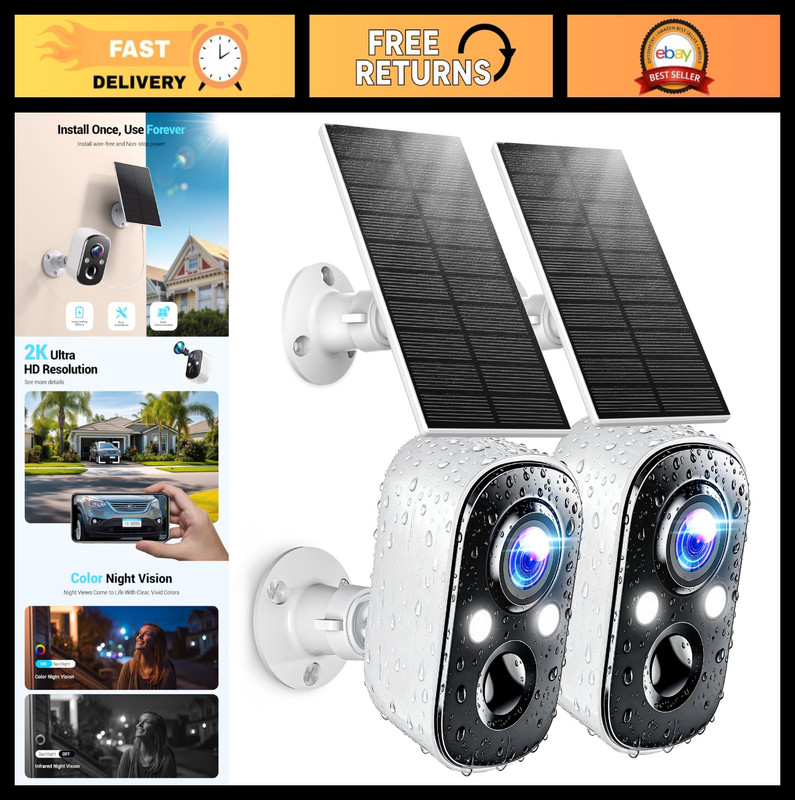 Wireless Solar Security Cameras 2K – Battery Powered, AI Motion Detection, Color