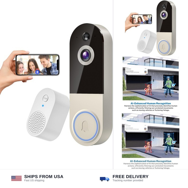 1080p Wireless Doorbell Camera with Receiver, AI Human Detection, 2-Way Audio…