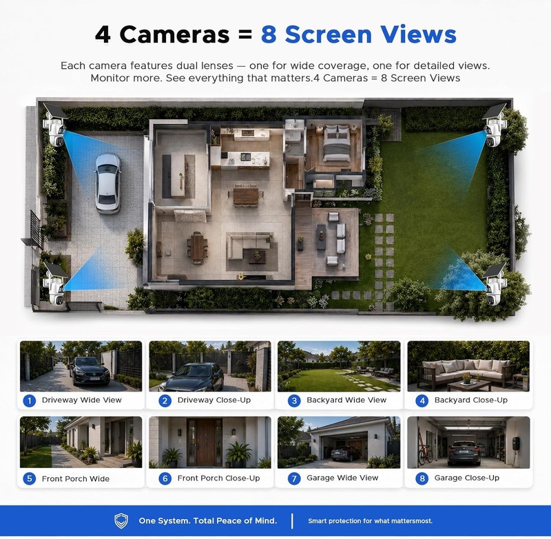 Solar Powered Wireless Camera System 4PC 2K Dual Lens Cam 10CH NVR 500GB Outdoor gallery