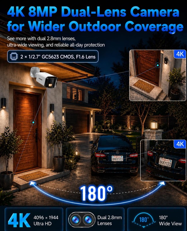 180° Dual Lens 4K 8MP PoE Security Camera Outdoor, Panoramic IP Bullet Camera... gallery