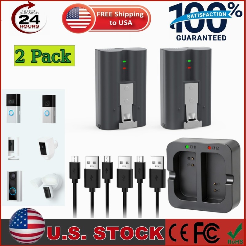 2 Pack 8000mAh Battery for Ring Doorbell 2/3/4 & Cameras + Dual Charging Station