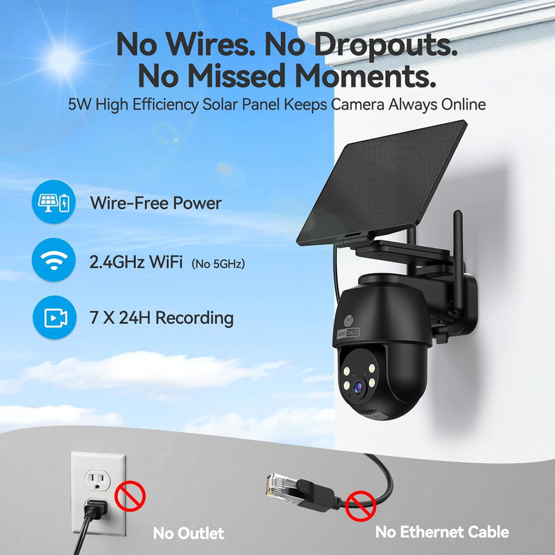 24/7 Continuous Recording Wireless Outdoor Security Camera, 2.4G Wifi, 2K Solar gallery