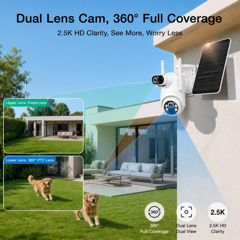 Dual Lens Solar Security Camera Wireless Outdoor – 2.5K HD No Blind Spot with PI gallery