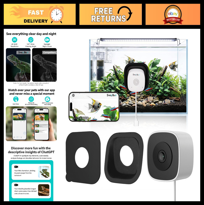 2K AI Reptile & Aquarium Camera, Magnetic Mount, Close-Focus Lens, 24/7 WiFi Rec