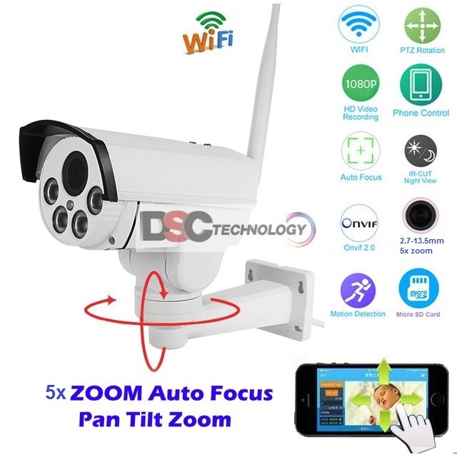 HD 1080P Wifi CCTV IP Camera PTZ Bullet Outdoor 5X Pan Tilt Zoom IR Cut TF Card