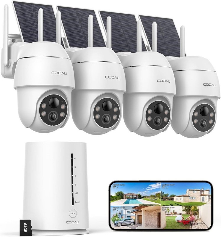 COOAU 4 Camera Solar Security System Wireless Outdoor – 4MP 360° Pan/Tilt