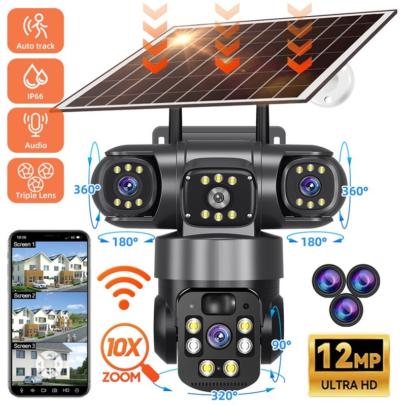 3 Lens Camara De Seguridad Solar Inalambricas Para Exterior Con Vision Nocturna gallery