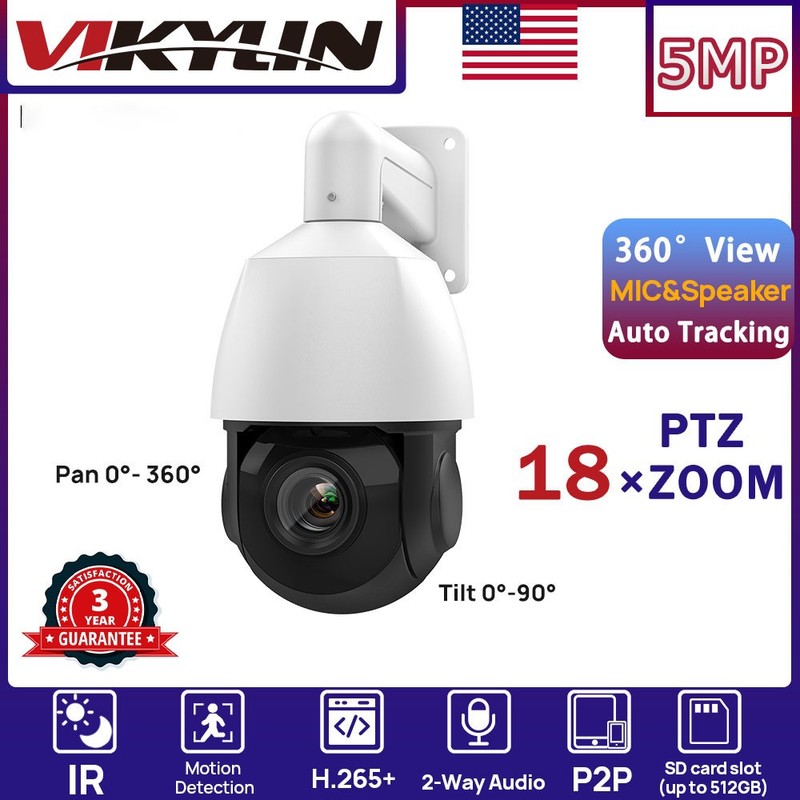 VIKYLIN PTZ 18×ZOOM 360°VIEW IR 5MP IP CAMERA POE MIC&Speaker Auto Tracking CCTV