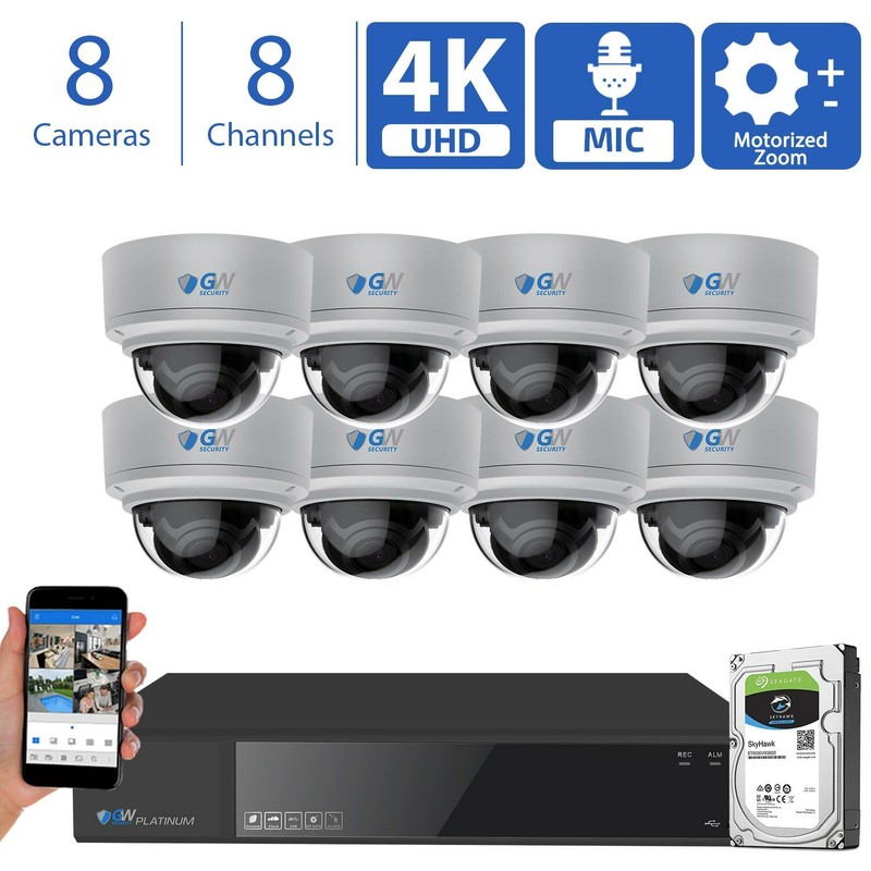 8 Channel (8) 4K 8MP 5X Motorized Zoom Mic IP POE AI Dome Security Camera System