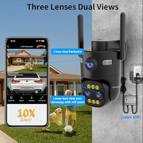 Triple-Lens Outdoor Security Camera, 10X Zoom, WiFi, 24/7 Recording, Motion Trac gallery