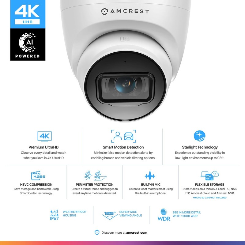 UltraHD 4K (8MP) Outdoor Security IP Turret PoE Camera, 3840x2160, 98ft Night... gallery
