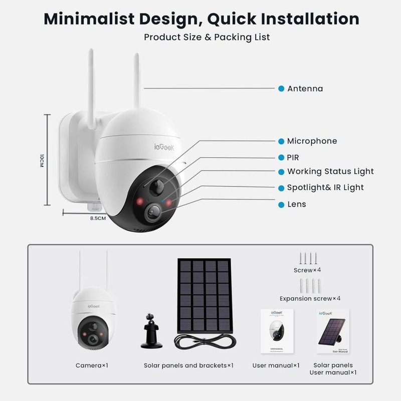 ieGeek Solar Security Camera 5MP 360° View Spotlight & Alarm Color Night Vision gallery