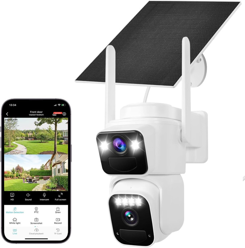 Dual Lens Dual Screen 2K Solar Security Camera Wireless Outdoor 360° View Batter
