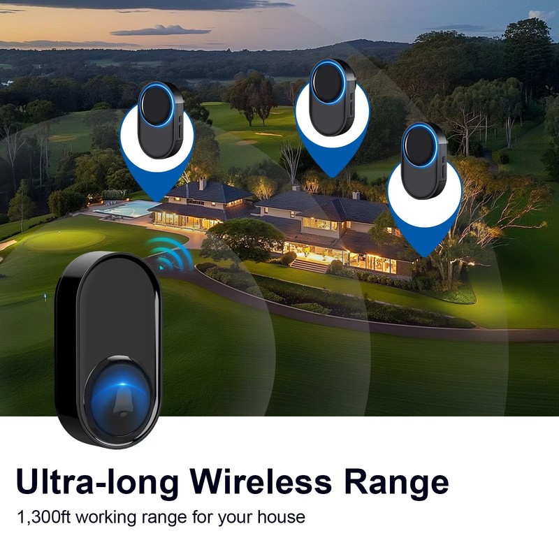 Wireless Doorbell, PHYSEN Doorbell 2 Receivers + 3 Buttons, Black gallery
