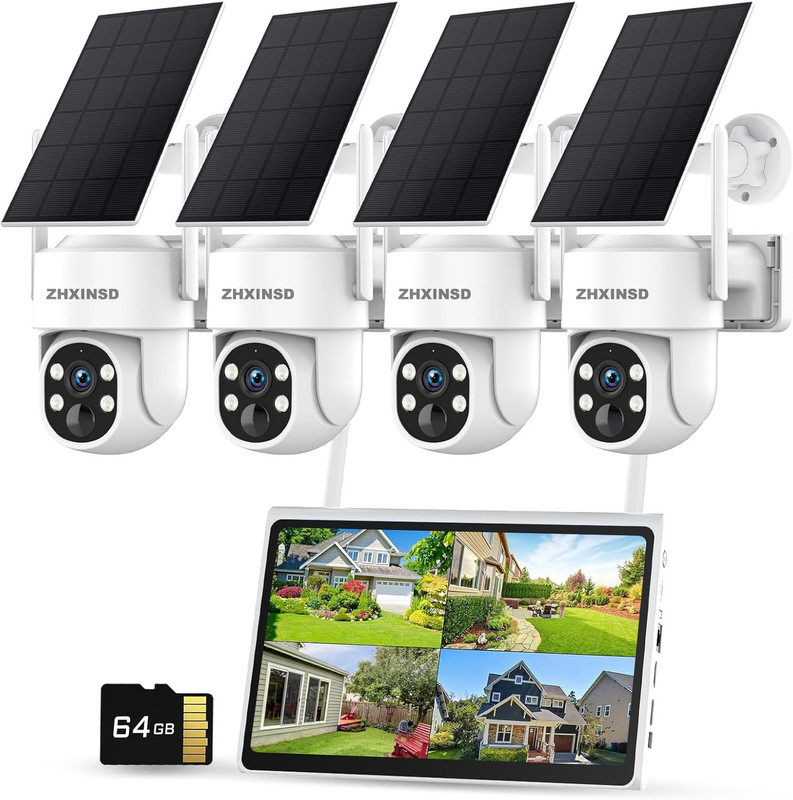 Solar Security Cameras System, Wireless Outdoor with 10″ LCD Monitor, 4PCS 4MP S