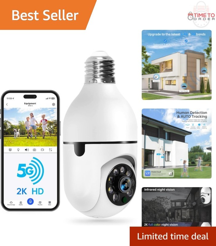 Light Bulb Security Camera 2K WiFi Outdoor Motion Detection Alarm Night Vision