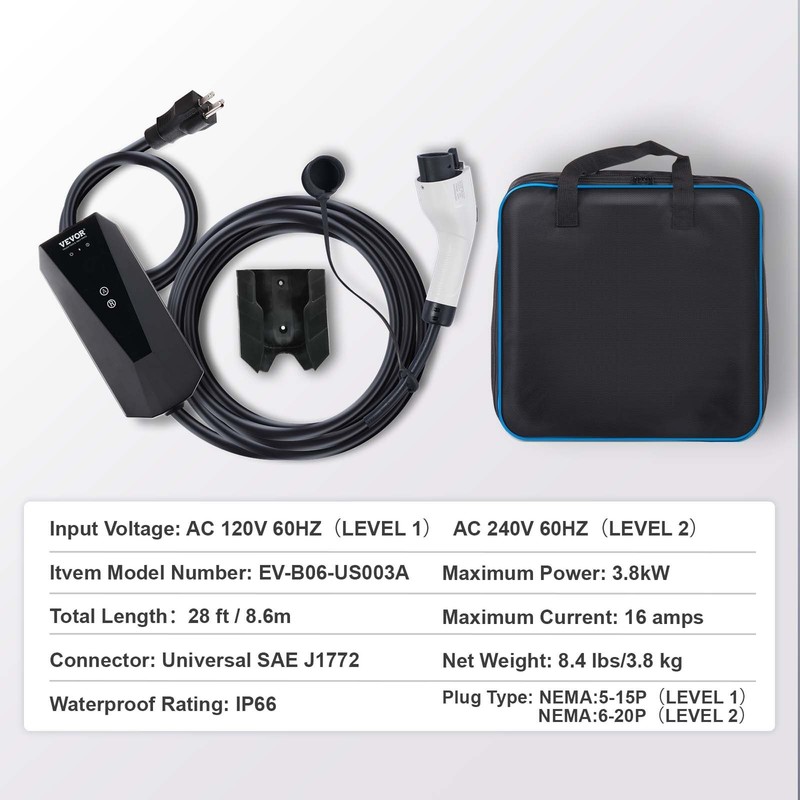 Portable EV Charger, 16 Amp 120V Or 240V, Electric Vehicle Charger With 28-Foot gallery