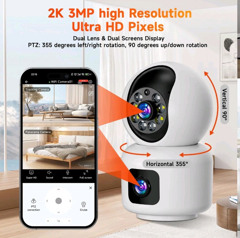 Smart AI Security Camera Dual Lens 2k HD,2.4GHz WiFi Color Night Vision Motion