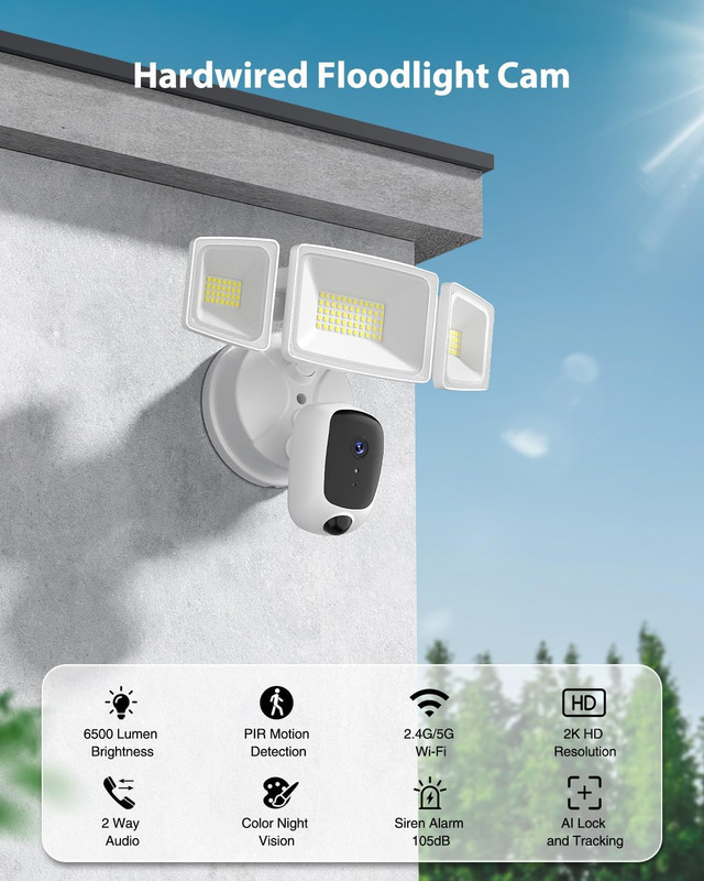 6500LM Hardwired Floodlight Camera, 2K HD, Night Vision, 2-Way Audio, Alexa/Goog gallery