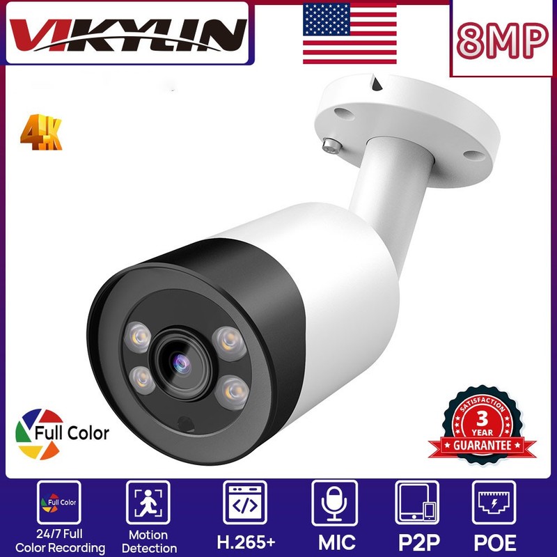 Vikylin 24h Full-Color POE MIC Mini Bullet 8MP 4K Security Camera Recorder ONVIF