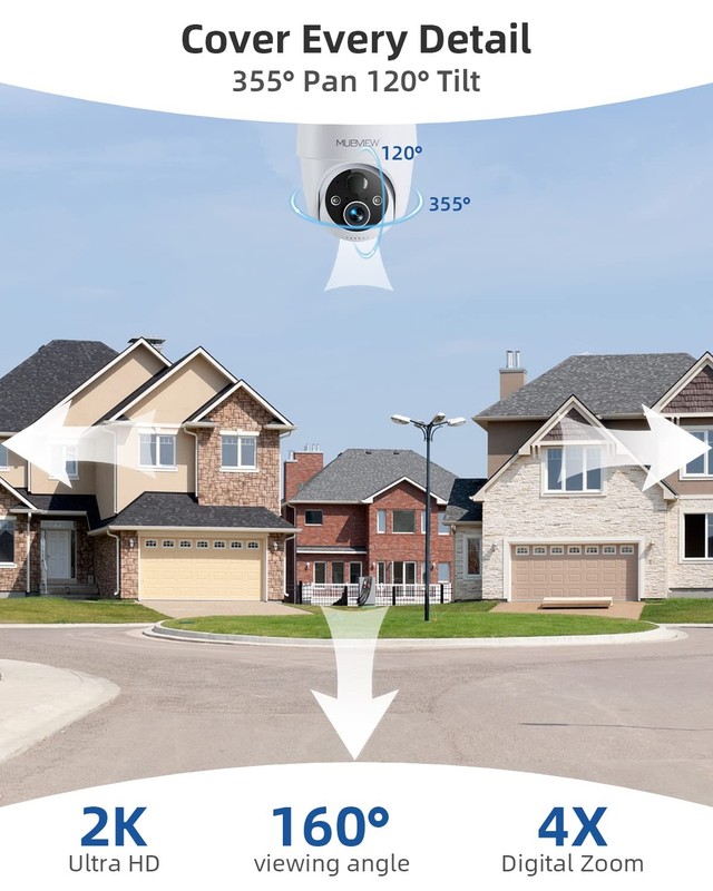 2K Solar Security Cameras, 360° PTZ Wireless Outdoor WiFi, 2-Pack gallery