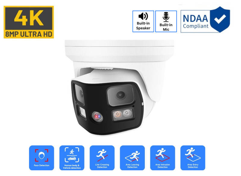 8MP 4K Dual-lens 180 degree Dual-Light Red & Blue Two-way Audio IP Turret Camera