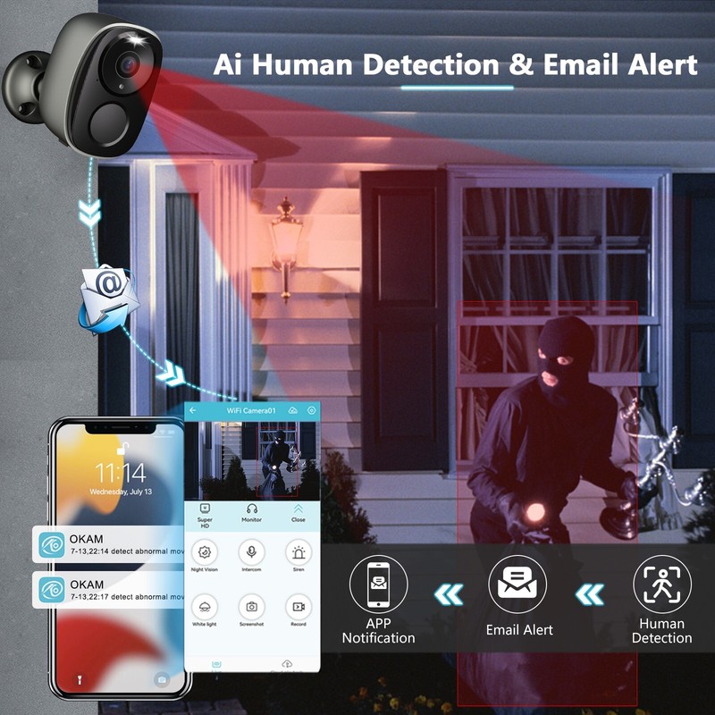 3MP Solar Home Security Camera Wireless Two-Way Audio 2K WiFi Night Vision+64GB gallery