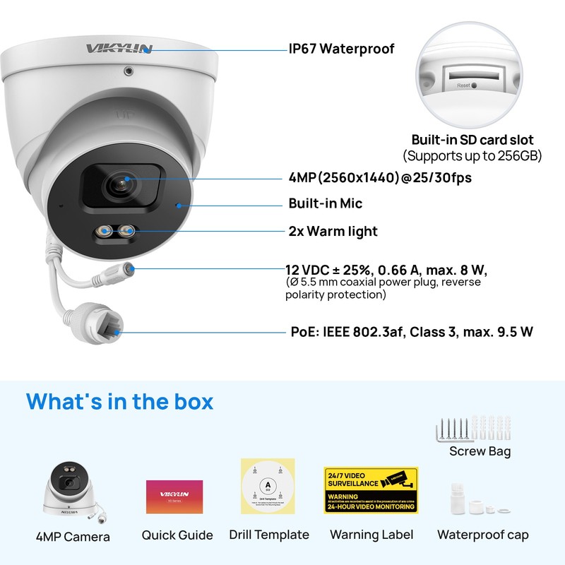 VIKYLIN CCTV Ethernet Full Color Light 4MP Security POE Camera Microphone ONVIF gallery