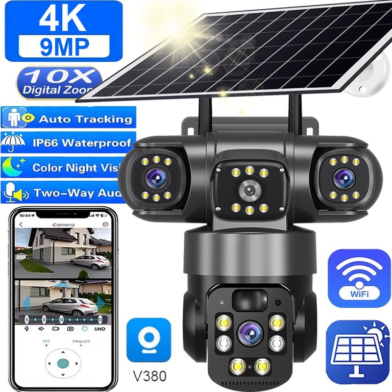 Solar Security Cameras Wireless Outdoor 9MP PTZ WiFi Night Vision Surveillance