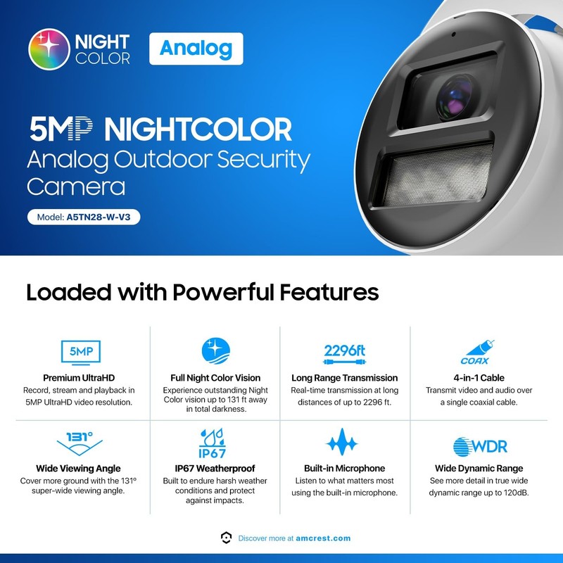 Analog 5MP NightColor Outdoor , Turret 5MP @ 25fps, CCTV-Coax-BNC, 131ft Full... gallery